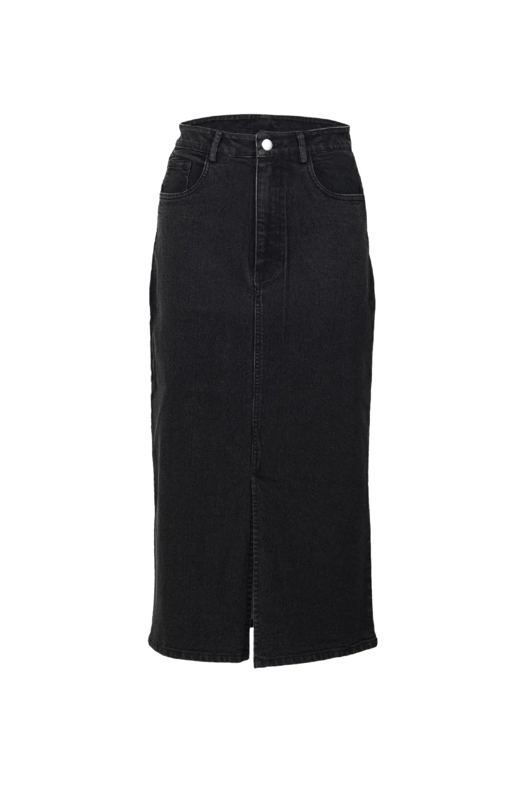 BLACK DENIM MIDI SKIRT WITH SLIT