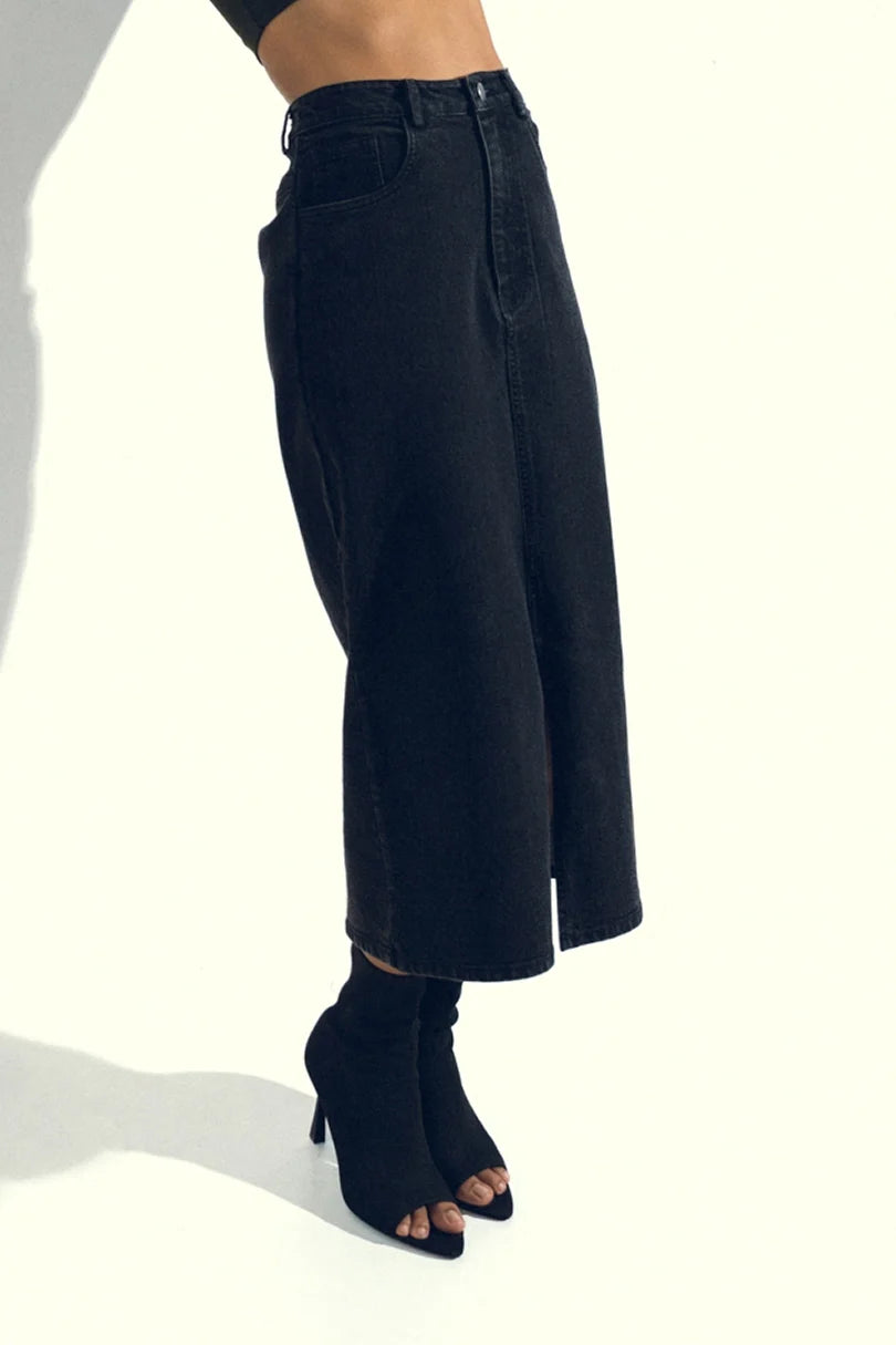 BLACK DENIM MIDI SKIRT WITH SLIT