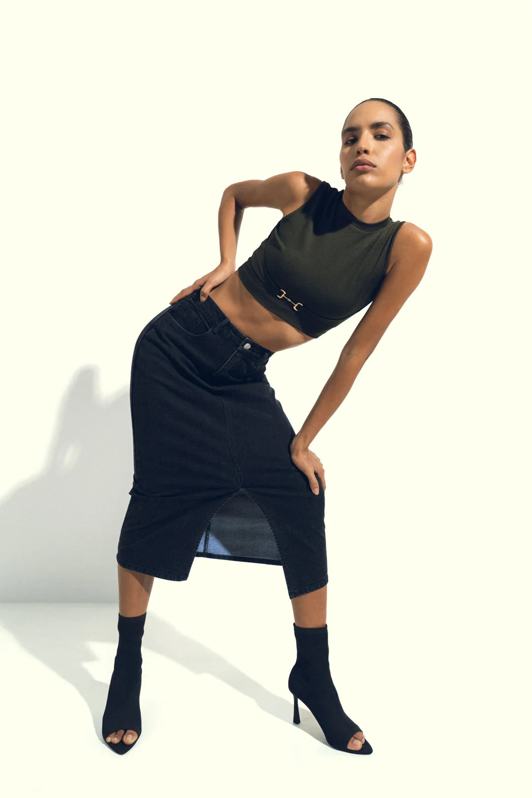 BLACK DENIM MIDI SKIRT WITH SLIT