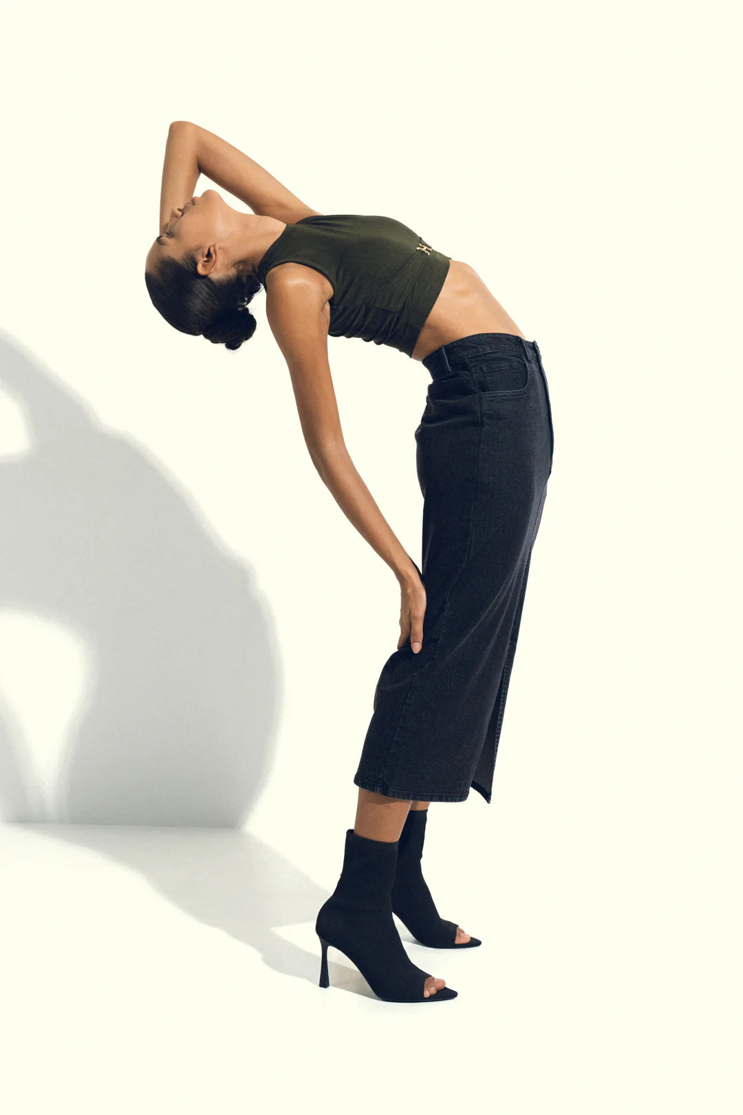 BLACK DENIM MIDI SKIRT WITH SLIT
