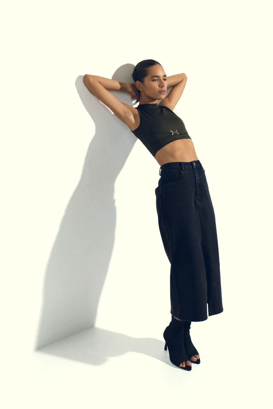 BLACK DENIM MIDI SKIRT WITH SLIT