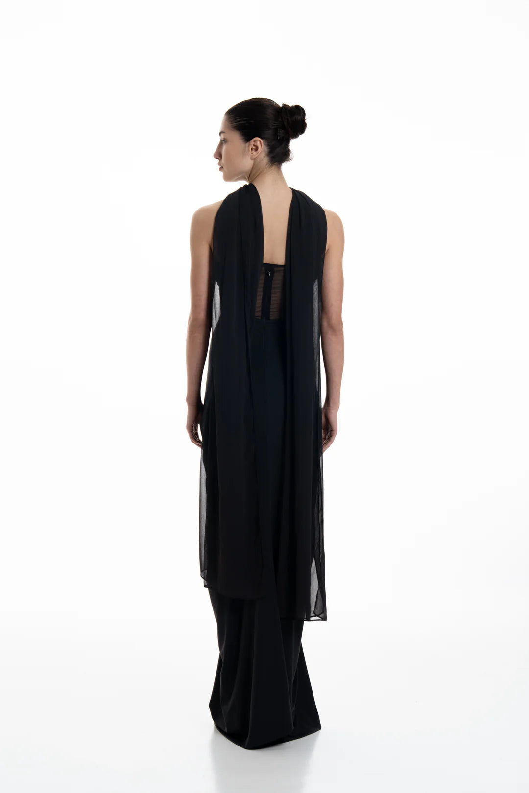 MIDNIGHT CORSETED DRAPE DRESS WITH NECK DRAPE