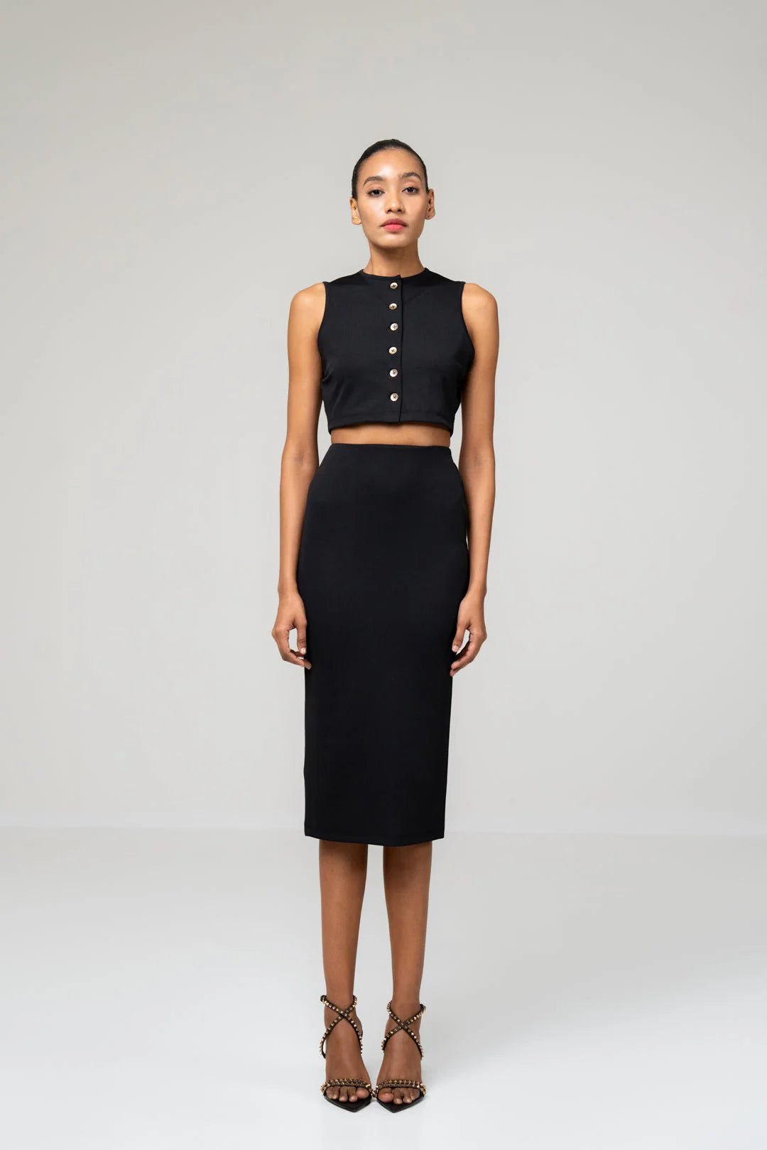 BLACK BUTTON UP TOP AND SKIRT CO-ORD SET