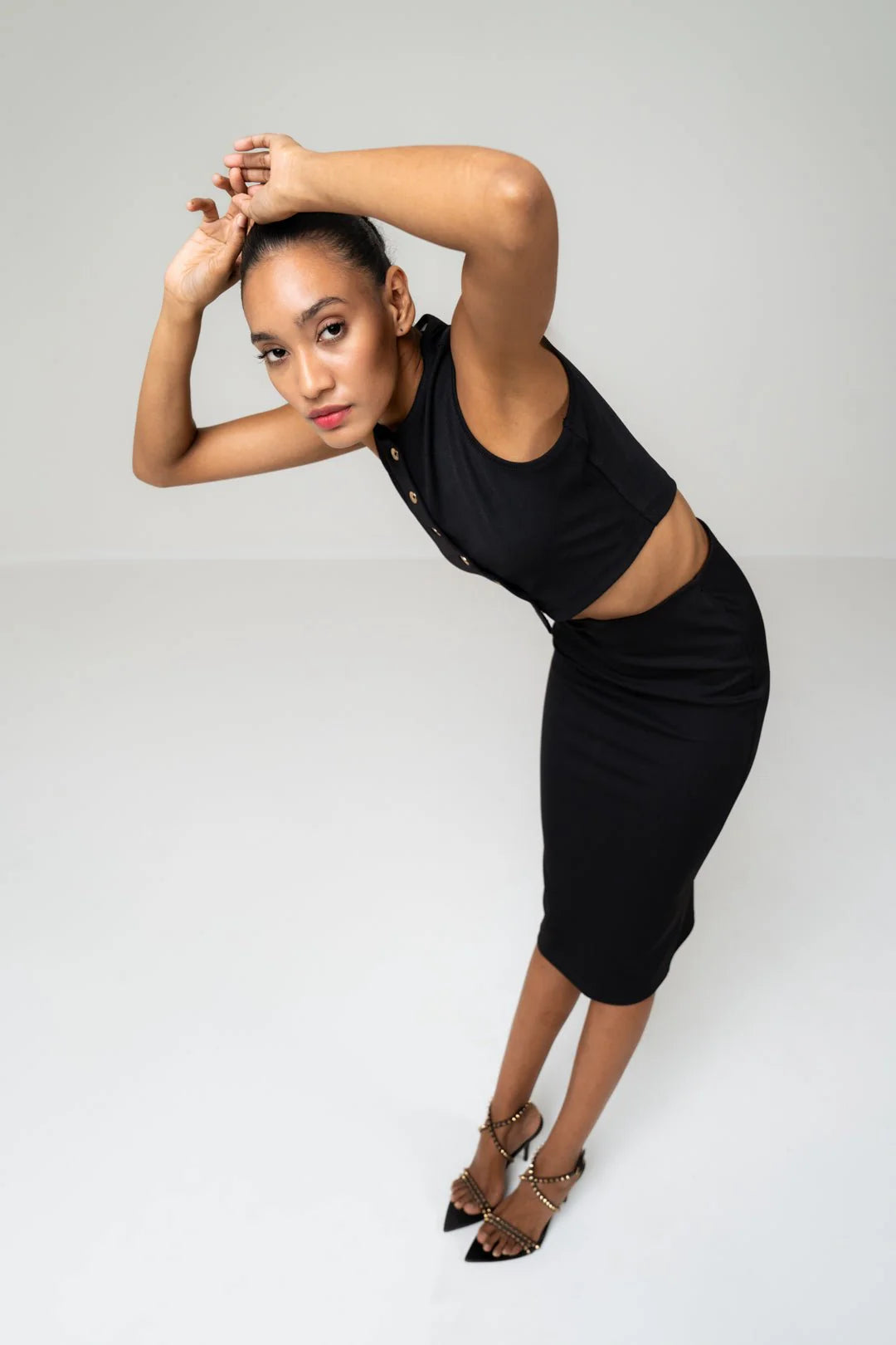 BLACK BUTTON UP TOP AND SKIRT CO-ORD SET