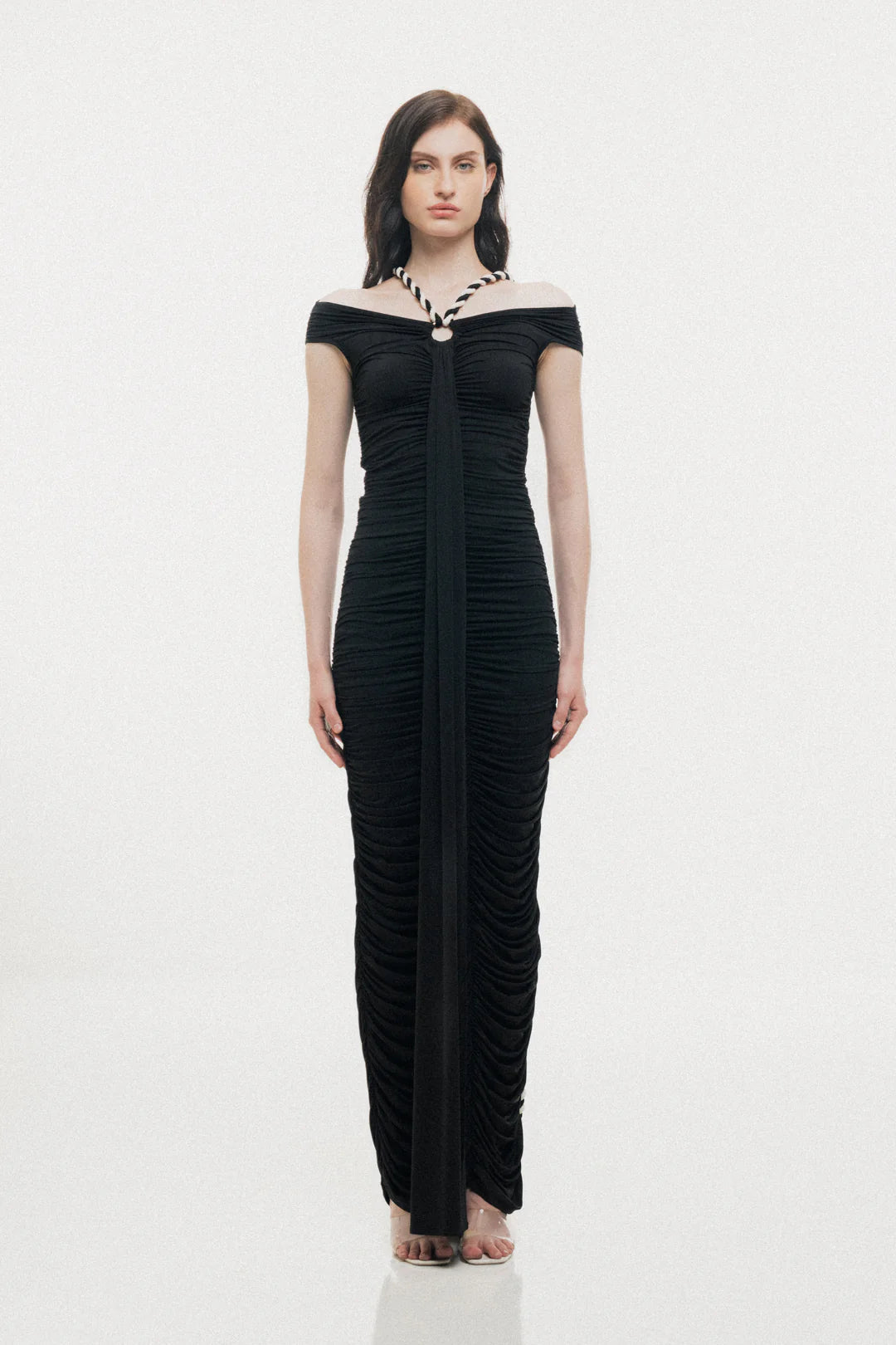OFF-SHOULDER MAXI DRESS WITH ROPE & RING DETAIL