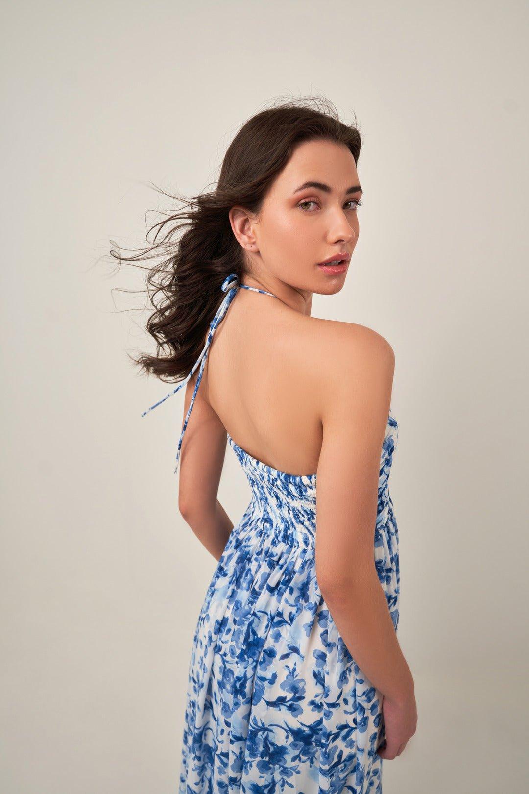 INDIGO FLORAL HALTER NECK MAXI DRESS