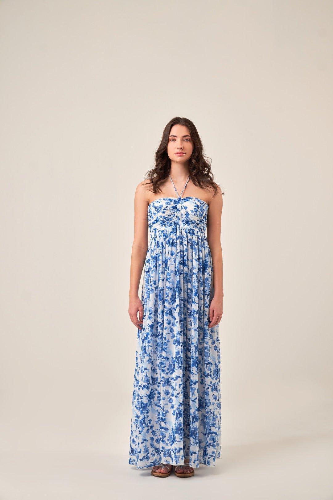 INDIGO FLORAL HALTER NECK MAXI DRESS