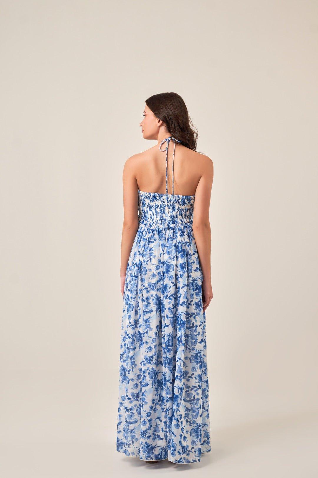INDIGO FLORAL HALTER NECK MAXI DRESS