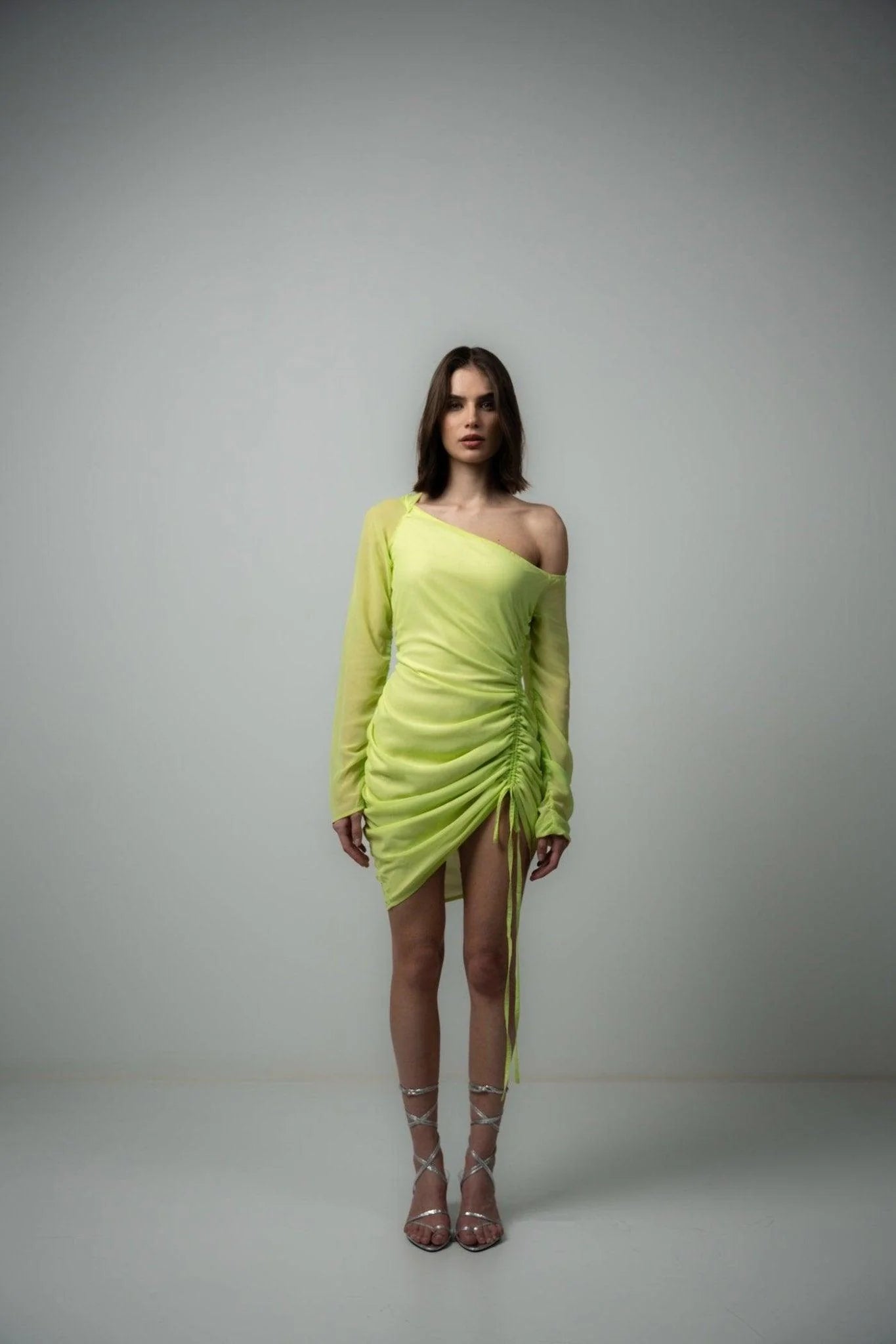 Neon Green Ruched Mini Dress