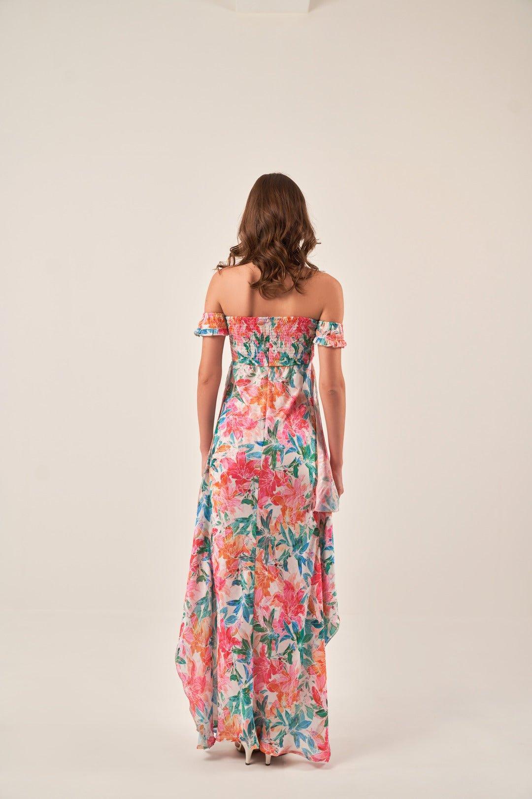 OFF-SHOULDER TROPICAL PRINT MAXI DRESS