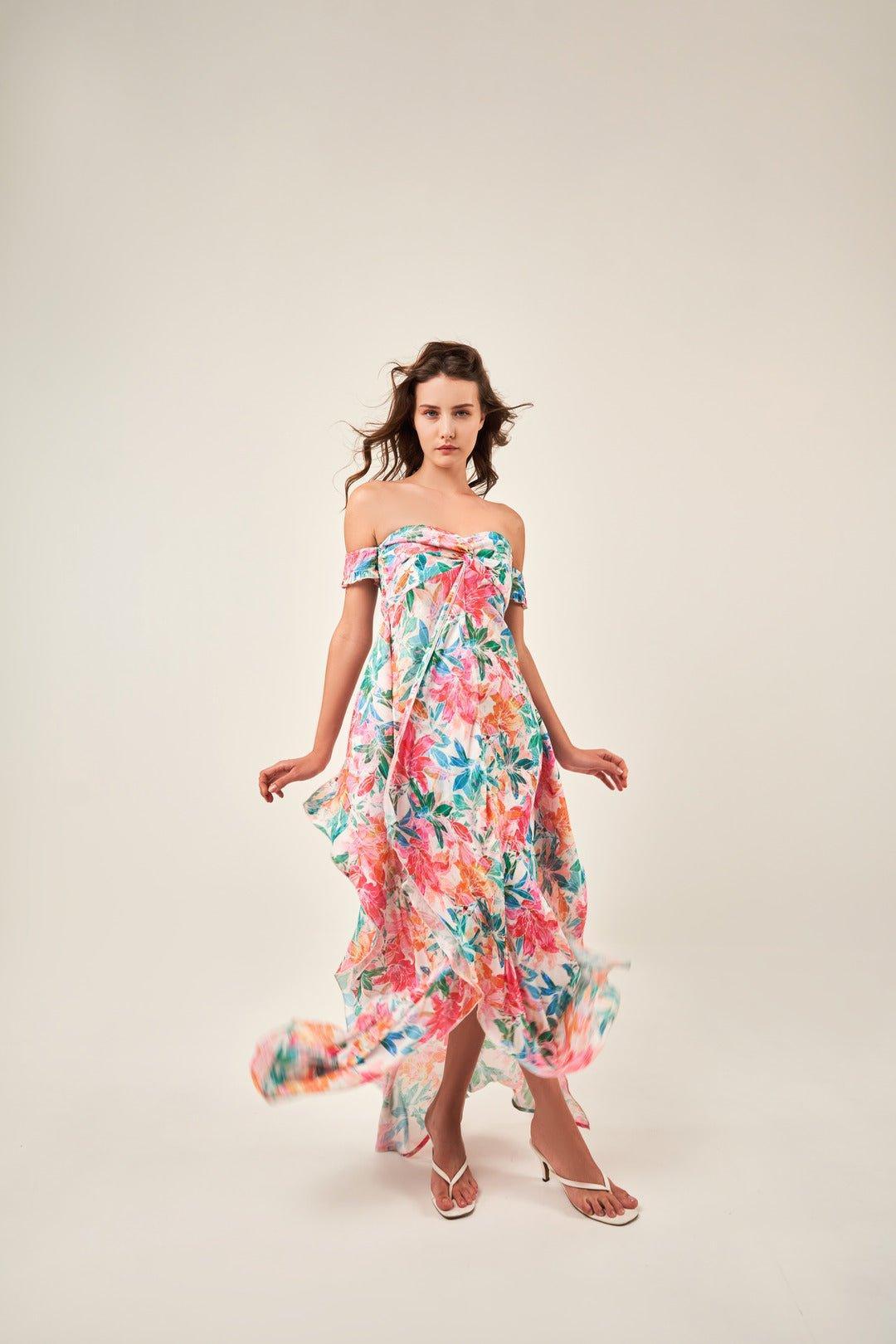 OFF-SHOULDER TROPICAL PRINT MAXI DRESS