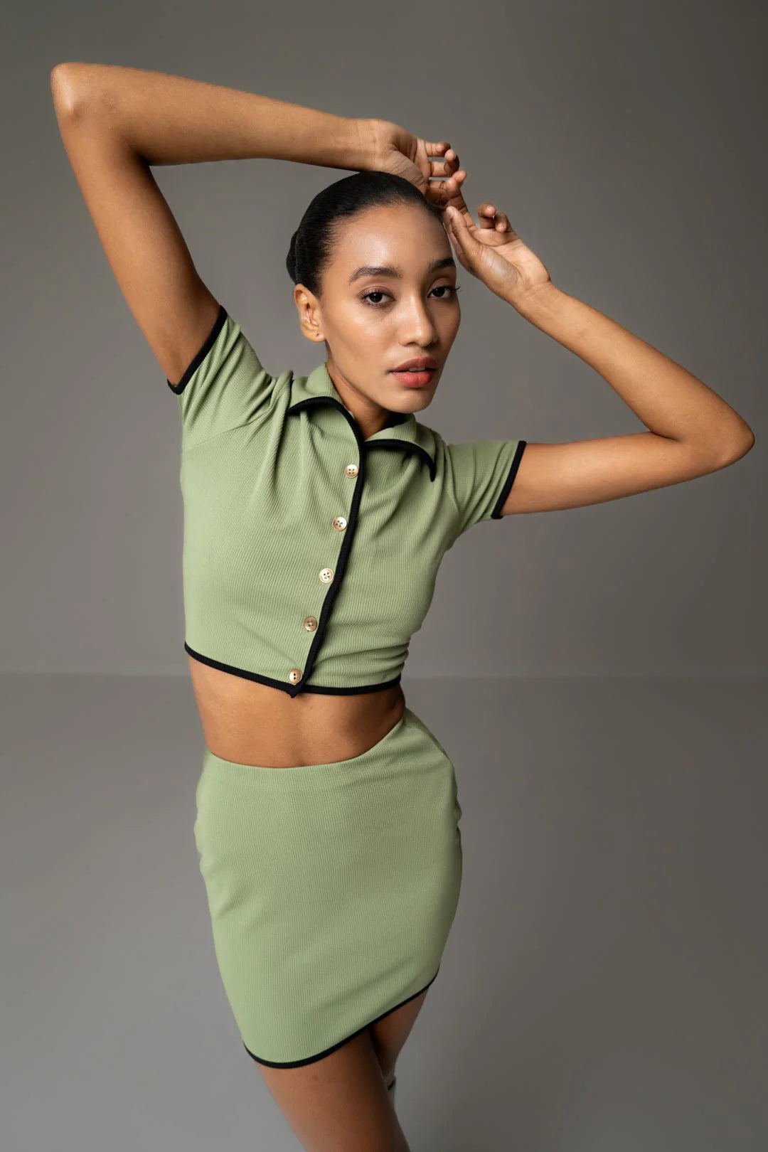 SAGE GREEN BUTTON UP TOP AND SKIRT CO-ORD SET