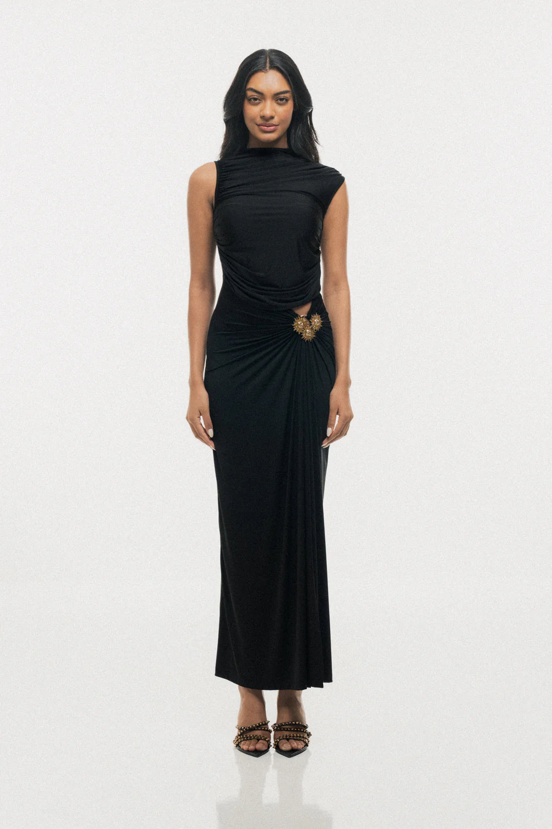BLOOM BLACK FLARED MAXI DRESS WITH SUN BROOCH